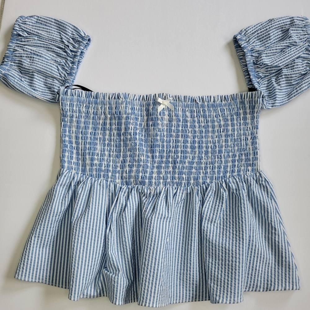 Forever 21 Juniors Cinched Peplum Off The Shoulder Top  Short Sleeve Blouse.